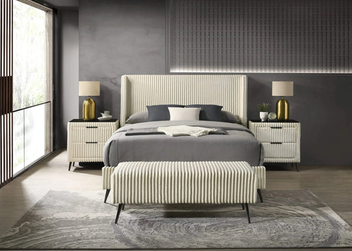 Mavela Wide Wale Corduroy Upholstery Panel Queen Bed with 2 Nightstands and Bench, Cream Default -DTYStore