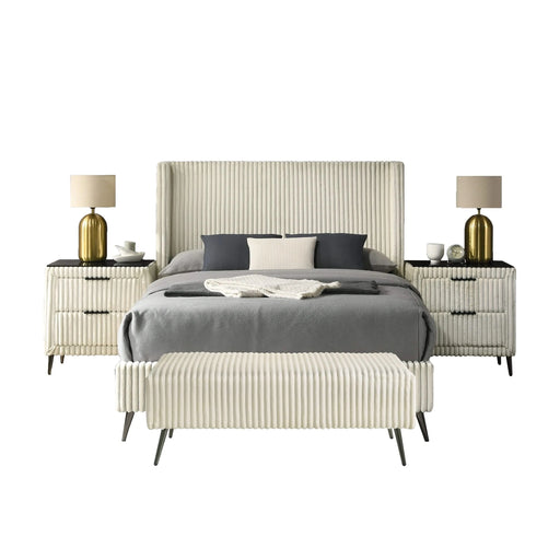 Mavela Wide Wale Corduroy Upholstery Panel Queen Bed with 2 Nightstands and Bench, Cream Default -DTYStore