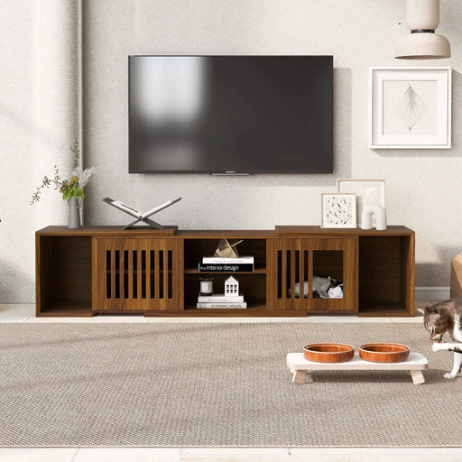 Mid-Century Modern 2 in 1 Cat Furniture, Cat House Litter Box Enclosure Walnut TV Stand With Extendable table, Sliding door. Wood TV Cabinet with Storage Default -DTYStore