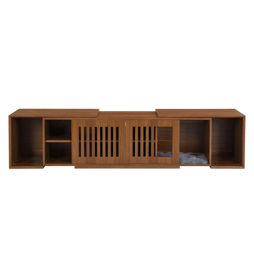 Mid-Century Modern 2 in 1 Cat Furniture, Cat House Litter Box Enclosure Walnut TV Stand With Extendable table, Sliding door. Wood TV Cabinet with Storage Default -DTYStore