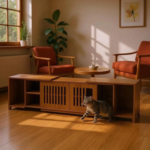Mid-Century Modern 2 in 1 Cat Furniture, Cat House Litter Box Enclosure Walnut TV Stand With Extendable table, Sliding door. Wood TV Cabinet with Storage Default -DTYStore