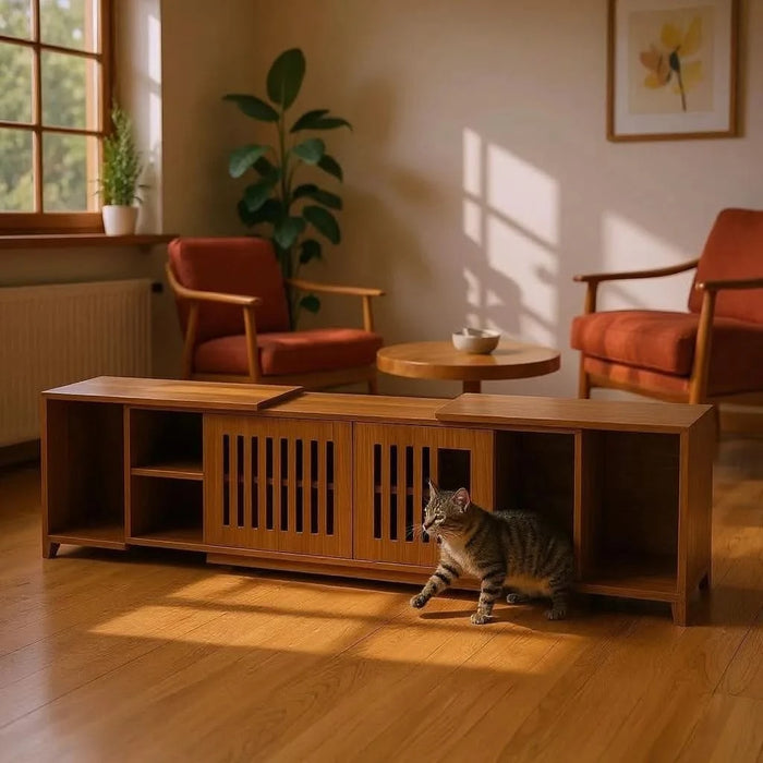 Mid-Century Modern 2 in 1 Cat Furniture, Cat House Litter Box Enclosure Walnut TV Stand With Extendable table, Sliding door. Wood TV Cabinet with Storage- DTY Store
