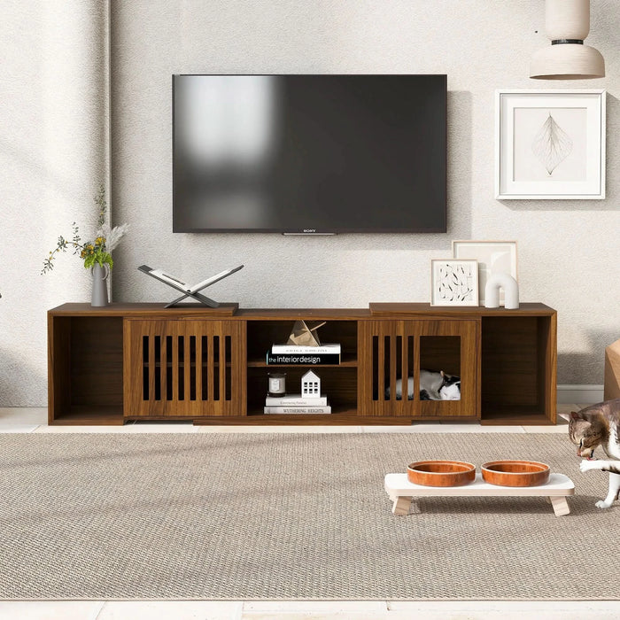 Mid-Century Modern 2 in 1 Cat Furniture, Cat House Litter Box Enclosure Walnut TV Stand With Extendable table, Sliding door. Wood TV Cabinet with Storage - DTY Store
