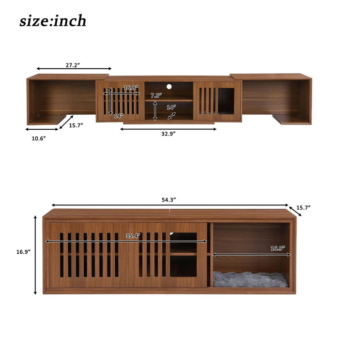 Mid-Century Modern 2 in 1 Cat Furniture, Cat House Litter Box Enclosure Walnut TV Stand With Extendable table, Sliding door. Wood TV Cabinet with Storage Pet Beds & Furniture, Pet Supplies, searchfilter_Pet Supplies| DTY Store