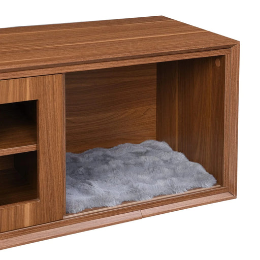 Mid-Century Modern 2 in 1 Cat Furniture, Cat House Litter Box Enclosure Walnut TV Stand With Extendable table, Sliding door. Wood TV Cabinet with Storage Default -DTYStore