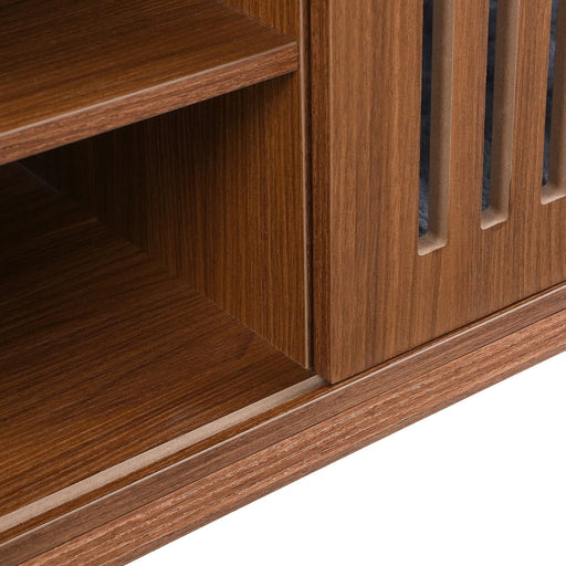 Mid-Century Modern 2 in 1 Cat Furniture, Cat House Litter Box Enclosure Walnut TV Stand With Extendable table, Sliding door. Wood TV Cabinet with Storage Default -DTYStore