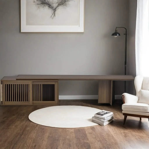 Mid-Century Modern 2 in 1 Cat Furniture Walnut TV Stand With Extendable table, Litter Box Enclosure with Cat Scratcher Default -DTYStore