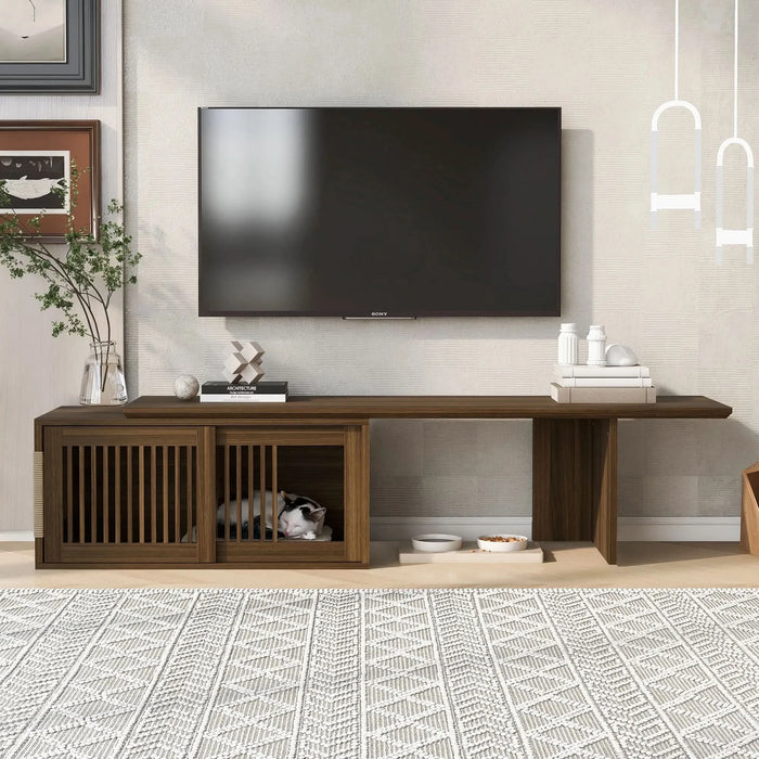 Mid-Century Modern 2 in 1 Cat Furniture Walnut TV Stand With Extendable table,  Litter Box Enclosure with Cat Scratcher- DTY Store