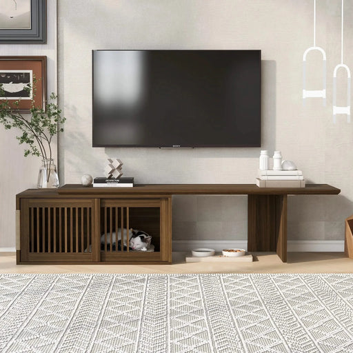 Mid-Century Modern 2 in 1 Cat Furniture Walnut TV Stand With Extendable table, Litter Box Enclosure with Cat Scratcher Default -DTYStore