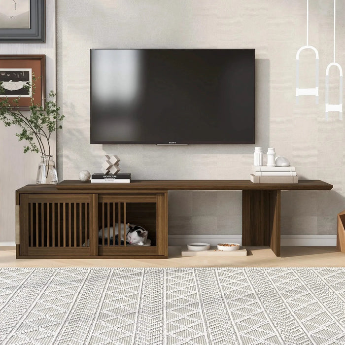 Mid-Century Modern 2 in 1 Cat Furniture Walnut TV Stand With Extendable table, Litter Box Enclosure with Cat Scratcher Default -DTYStore