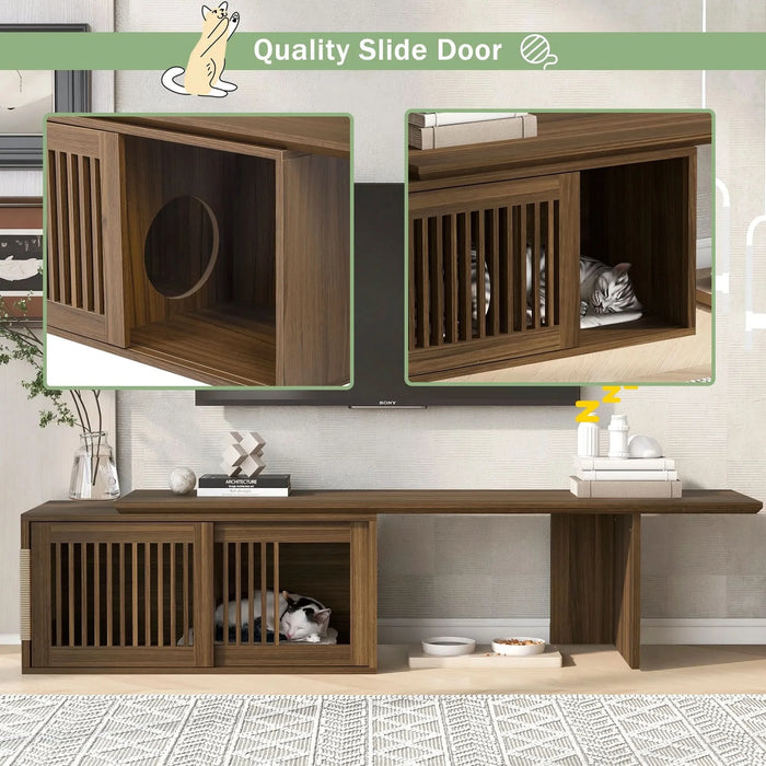 Mid-Century Modern 2 in 1 Cat Furniture Walnut TV Stand With Extendable table,  Litter Box Enclosure with Cat Scratcher - DTY Store