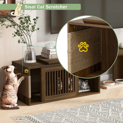 Mid-Century Modern 2 in 1 Cat Furniture Walnut TV Stand With Extendable table, Litter Box Enclosure with Cat Scratcher Default -DTYStore