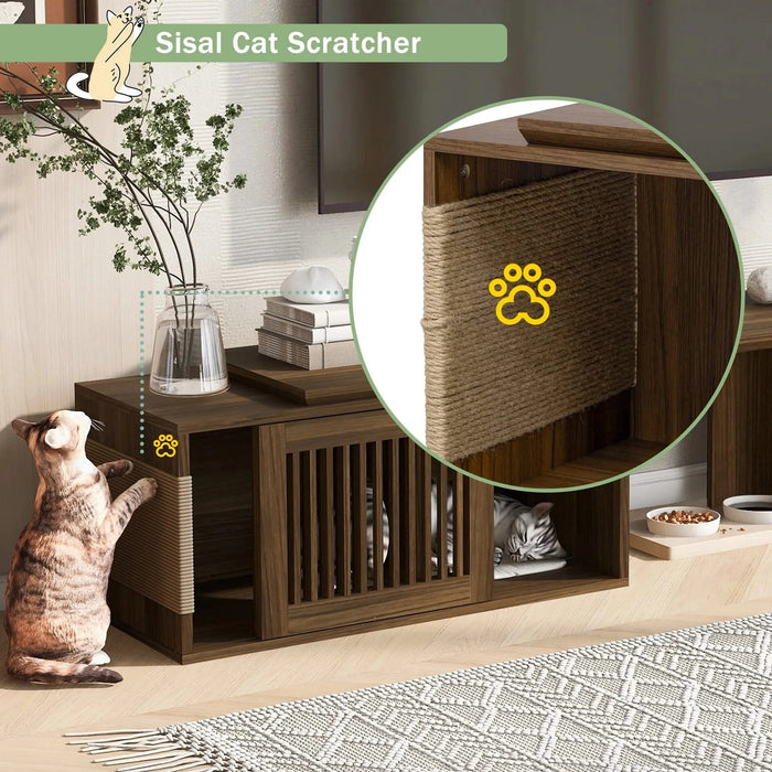 Mid-Century Modern 2 in 1 Cat Furniture Walnut TV Stand With Extendable table, Litter Box Enclosure with Cat Scratcher Default -DTYStore