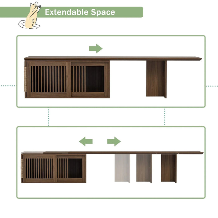 Mid-Century Modern 2 in 1 Cat Furniture Walnut TV Stand With Extendable table, Litter Box Enclosure with Cat Scratcher Default -DTYStore