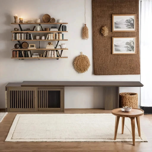 Mid-Century Modern 2 in 1 Cat Furniture Walnut TV Stand With Extendable table, Litter Box Enclosure with Cat Scratcher Default -DTYStore