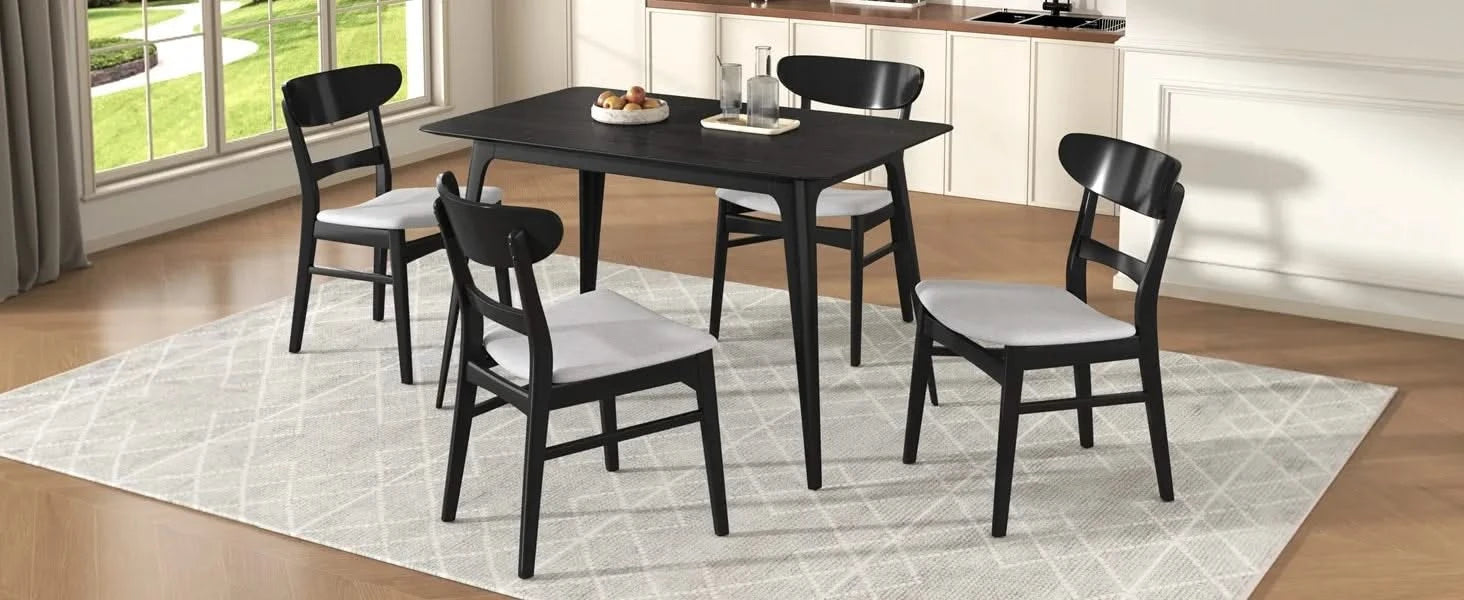 Mid-Century Modern 5-Piece Dining Set, Rubberwood Frame, One Table and 4 Upholstered Chairs, Black +Light Gray Default -DTYStore