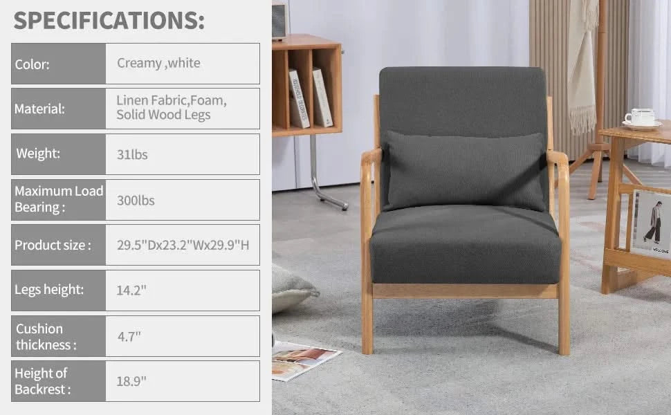 Mid-Century Modern Accent Leisure Chair with Solid Wood Armrest and Feet, Dark Grey Linen, 1 Seat Default -DTYStore