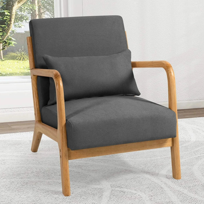 Mid-Century Modern Accent Leisure Chair with Solid Wood Armrest and Feet, Dark Grey Linen, 1 Seat Default -DTYStore