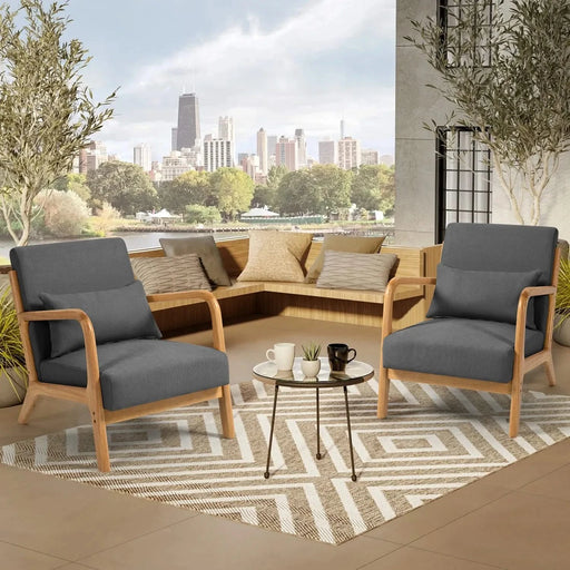 Mid-Century Modern Accent Leisure Chair with Solid Wood Armrest and Feet, Dark Grey Linen, 1 Seat Default -DTYStore