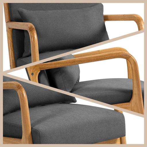 Mid-Century Modern Accent Leisure Chair with Solid Wood Armrest and Feet, Dark Grey Linen, 1 Seat Default -DTYStore