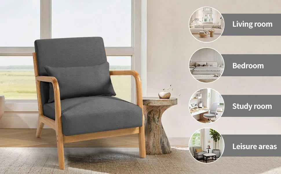 Mid-Century Modern Accent Leisure Chair with Solid Wood Armrest and Feet, Dark Grey Linen, 1 Seat Default -DTYStore