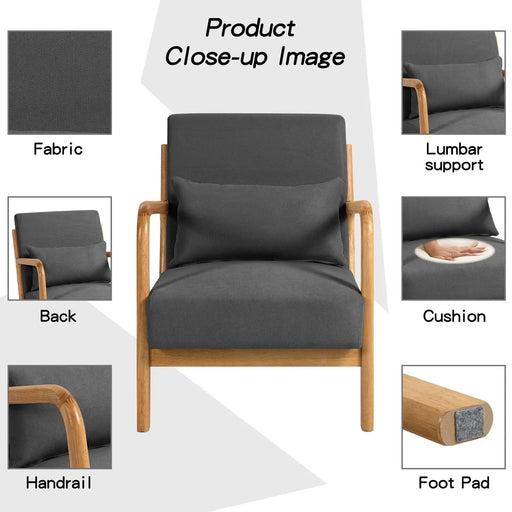 Mid-Century Modern Accent Leisure Chair with Solid Wood Armrest and Feet, Dark Grey Linen, 1 Seat Default -DTYStore