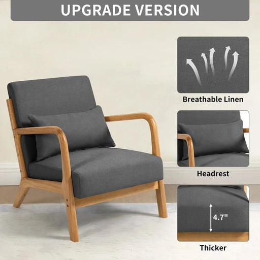 Mid-Century Modern Accent Leisure Chair with Solid Wood Armrest and Feet, Dark Grey Linen, 1 Seat Default -DTYStore