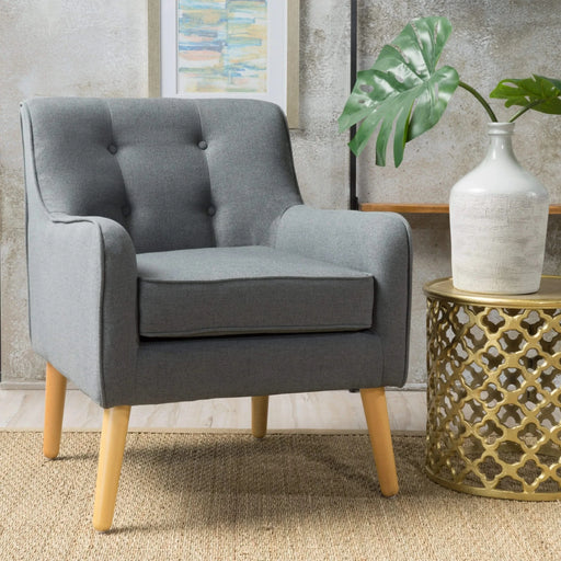 Mid-Century Modern Arm Chair in Charcoal Fabric with Tufted Back and Wooden Legs Default -DTYStore