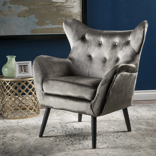 Mid-Century Modern Velvet Arm Chair with Tufted Wingback Design in Grey Default -DTYStore
