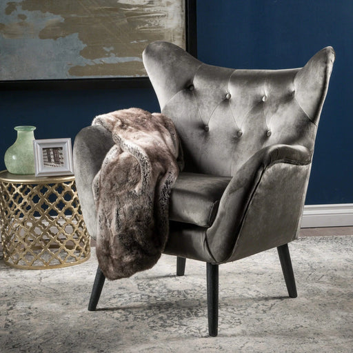 Mid-Century Modern Velvet Arm Chair with Tufted Wingback Design in Grey Default -DTYStore