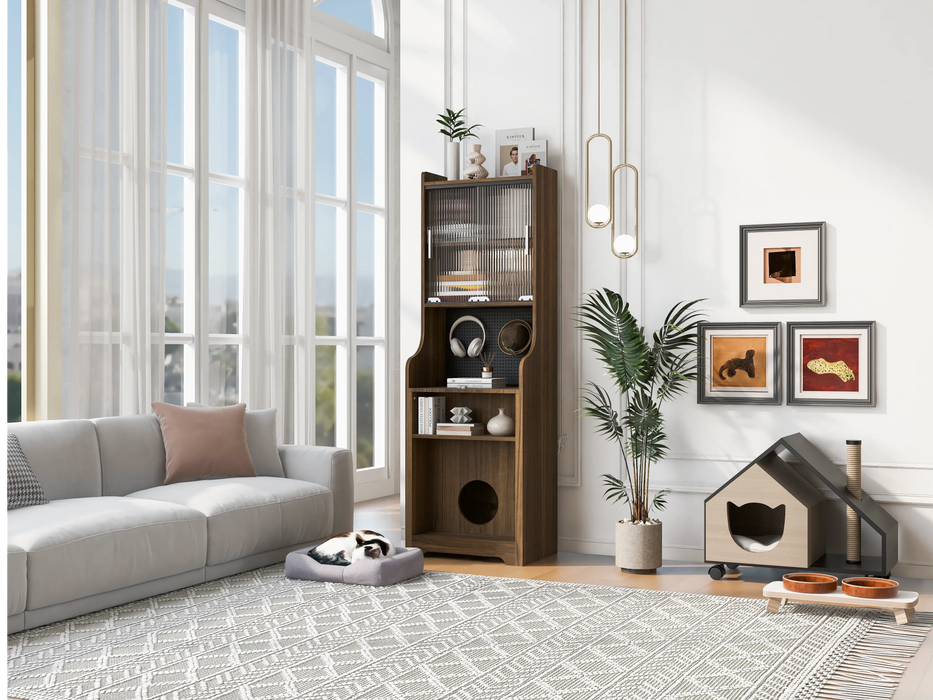 Mid-Century Modern Walnut Vintage Multi-use Cabinet With Cat Scratcher Bed, Side Cabinet with Extendable table Default -DTYStore