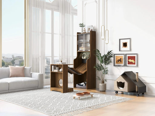 Mid-Century Modern Walnut Vintage Multi-use Cabinet With Cat Scratcher Bed, Side Cabinet with Extendable table Default -DTYStore