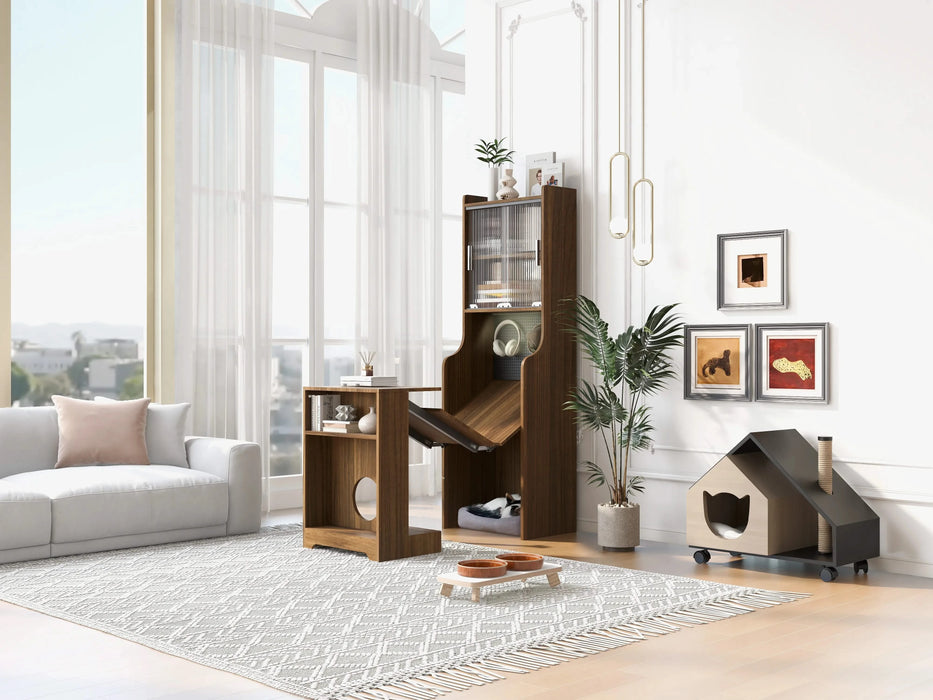 Mid-Century Modern Walnut Vintage Multi-use Cabinet With Cat Scratcher Bed, Side Cabinet with Extendable table Default -DTYStore