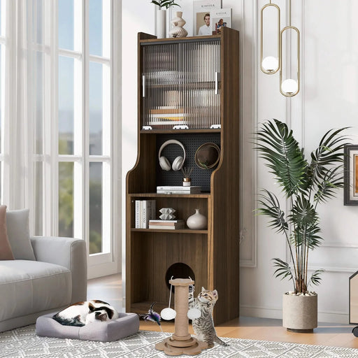 Mid-Century Modern Walnut Vintage Multi-use Cabinet With Cat Scratcher Bed, Side Cabinet with Extendable table Default -DTYStore