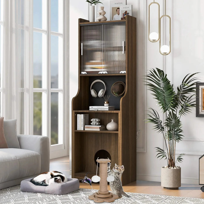 Mid-Century Modern Walnut Vintage Multi-use Cabinet With Cat Scratcher Bed, Side Cabinet with Extendable table Default -DTYStore