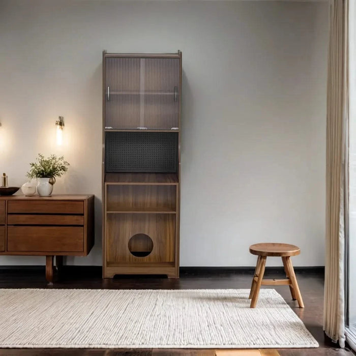 Mid-Century Modern Walnut Vintage Multi-use Cabinet With Cat Scratcher Bed, Side Cabinet with Extendable table Default -DTYStore