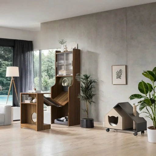 Mid-Century Modern Walnut Vintage Multi-use Cabinet With Cat Scratcher Bed, Side Cabinet with Extendable table Default -DTYStore