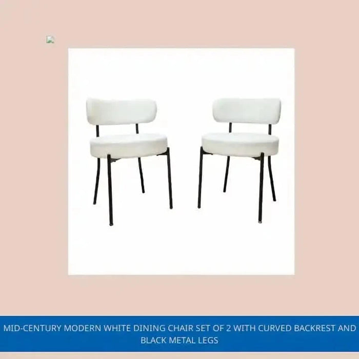 Mid-Century Modern White Dining Chair Set of 2 with Curved Backrest and Black Metal Legs -DTYStore