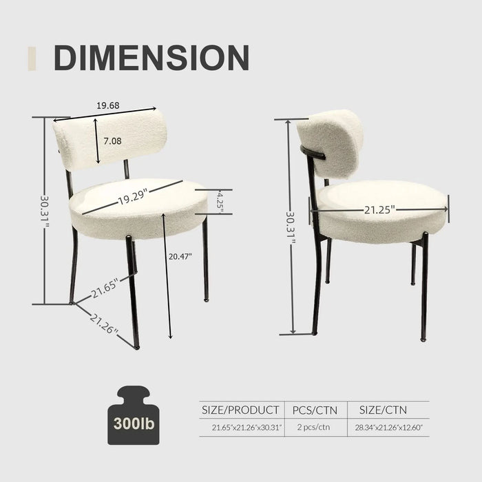 Mid-Century Modern White Dining Chair Set of 2 with Curved Backrest and Black Metal Legs Default -DTYStore