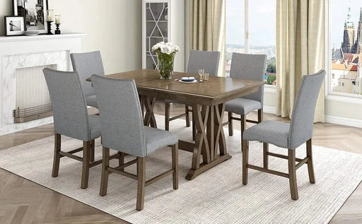 Mid-Century Solid Wood 7-Piece Dining Table Set Extendable Kitchen Table Set with Upholstered Chairs and 12' Leaf for 6, Golden Brown+Gray Cushion(Old SKU: SP000015AAD) Default -DTYStore