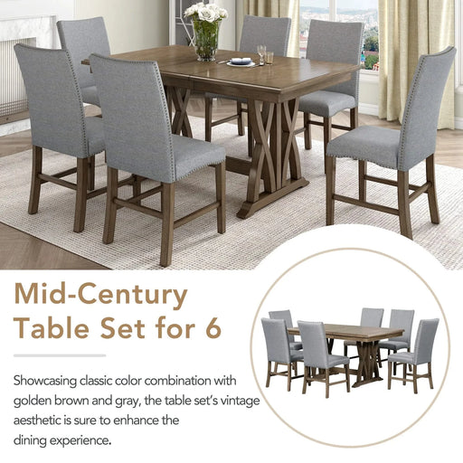 Mid-Century Solid Wood 7-Piece Dining Table Set Extendable Kitchen Table Set with Upholstered Chairs and 12' Leaf for 6, Golden Brown+Gray Cushion(Old SKU: SP000015AAD) Default -DTYStore