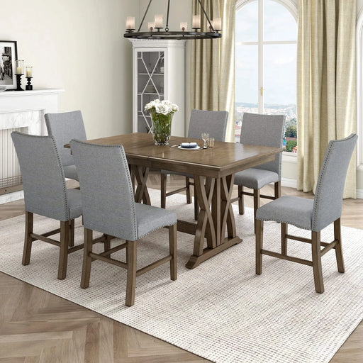 Mid-Century Solid Wood 7-Piece Dining Table Set Extendable Kitchen Table Set with Upholstered Chairs and 12' Leaf for 6, Golden Brown+Gray Cushion(Old SKU: SP000015AAD) Default -DTYStore