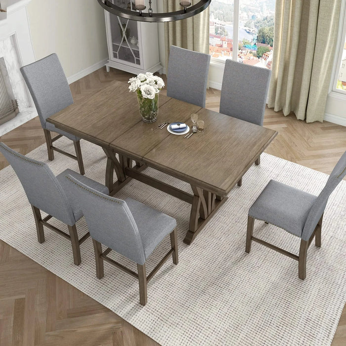 Mid-Century Solid Wood 7-Piece Dining Table Set Extendable Kitchen Table Set with Upholstered Chairs and 12' Leaf for 6, Golden Brown+Gray Cushion(Old SKU: SP000015AAD) Default -DTYStore