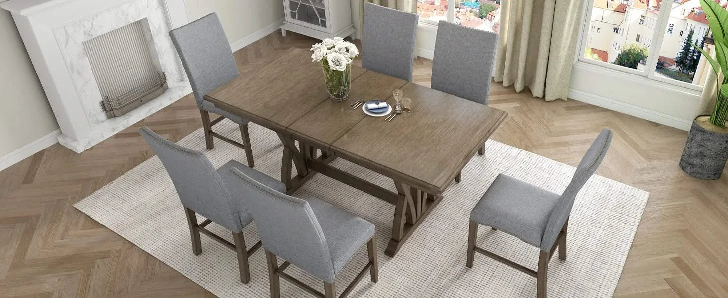 Mid-Century Solid Wood 7-Piece Dining Table Set Extendable Kitchen Table Set with Upholstered Chairs and 12' Leaf for 6, Golden Brown+Gray Cushion(Old SKU: SP000015AAD) Default -DTYStore