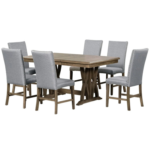 Mid-Century Solid Wood 7-Piece Dining Table Set Extendable Kitchen Table Set with Upholstered Chairs and 12' Leaf for 6, Golden Brown+Gray Cushion(Old SKU: SP000015AAD) Default -DTYStore