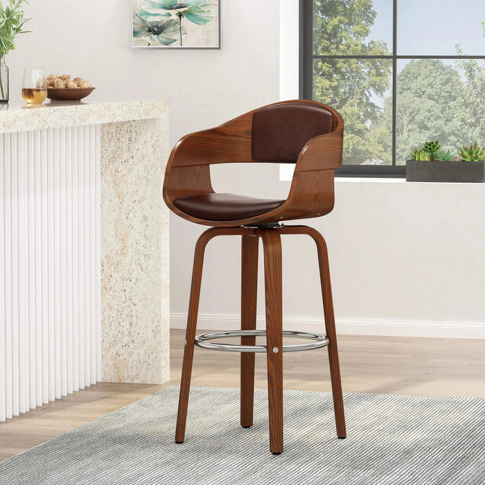 Mid-Century Swivel Bar Stool – Walnut Frame, Chrome Footrest, Dark Brown – Modern Vintage Design, Suitable for Home and Commercial Use, 19.5'(L) x 18.5'(W) x 41.75'(H), Default -DTYStore