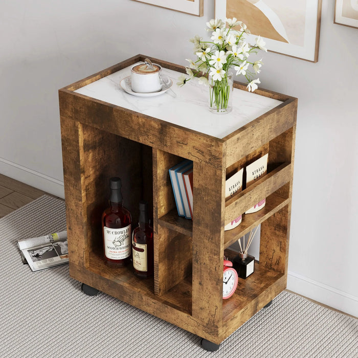 Mid-century modern style movable side cabinet for sofa, household brown trolley storage locker and shelf for living room. Default -DTYStore