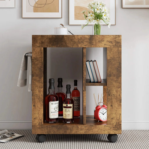 Mid-century modern style movable side cabinet for sofa, household brown trolley storage locker and shelf for living room. Default -DTYStore