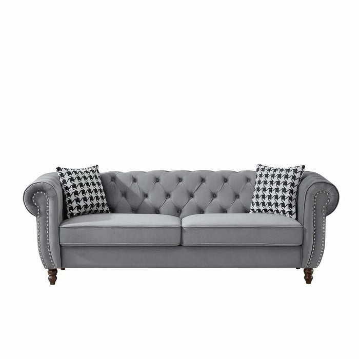 Mid Century Modern Chesterfield Velvet Upholstery Fabric Sofa with Roll Armrest & Nailhead, Grey, 87 Inches Default -DTYStore