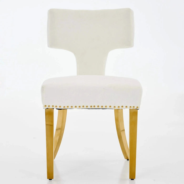 Mid Century Modern Dining Chairs Set of 2, Farmhouse Chenille Fabric Upholstered Accent Chair Curved Backrest with Copper Nails around,Kitchen Chairs with Golden Stainless Steel Plating Legs, Beige Default -DTYStore